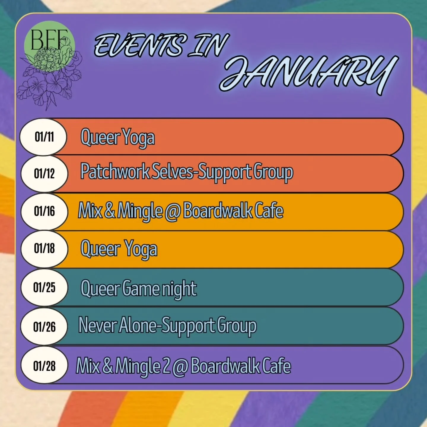 Better late than never! 

We are jumping into the New Year with dating, support groups, and yoga!

Come join us for one of our upcoming events and meet new people this year.
.
.
.
.
.
.
.
#newyear #cuffingseason #speedating #queerevent #pride2026