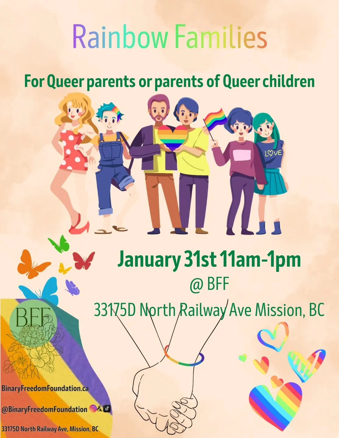 Queer parents come together this Saturday to connect, and build community. Kids of all ages are welcome! 

 January 31st, 11am-1pm at BFF. 

33175D North railway ave mission bc