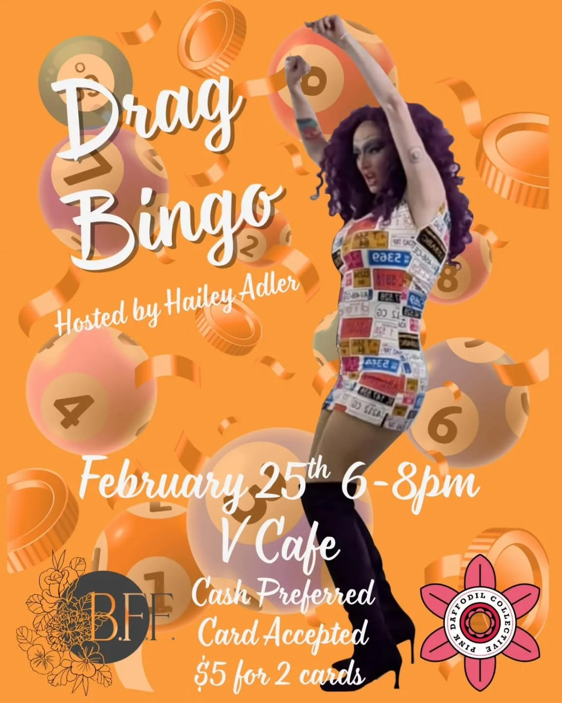 Drag Bingo at V Cafe

We are excited to be bringing back Drag Queen Bingo Night! Get ready for an unforgettable evening with the fabulous @thehuntyadler calling out the numbers. This is not your typical bingo night it's a lively and hilarious event t
