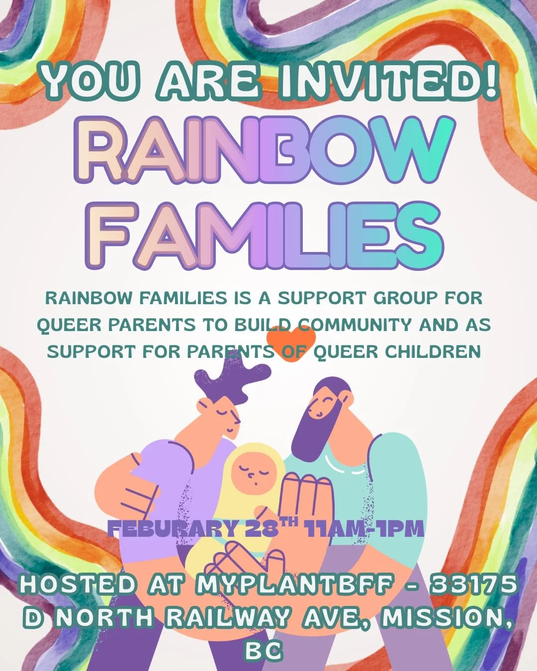 For all queer parents and parents of queer kids!! You are invited to the Rainbow Families Support Group!! 

Rainbow Families is here for Queer parents to build community and parents of queer children to learn more about our community and get support 