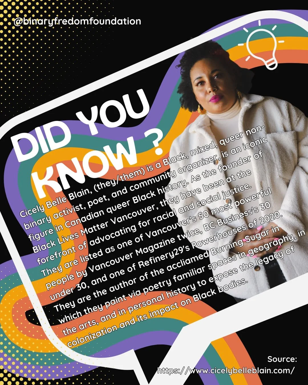 SPOTLIGHT!!
Introducing the incredible Cicely Belle Blaine (they/them), @cicelybelle_xo a black, mixed, queer nonbinary activist, community organizer, poet and business owner based in Vancouver! 
They are the founder of Black Lives Matter Vancouver a