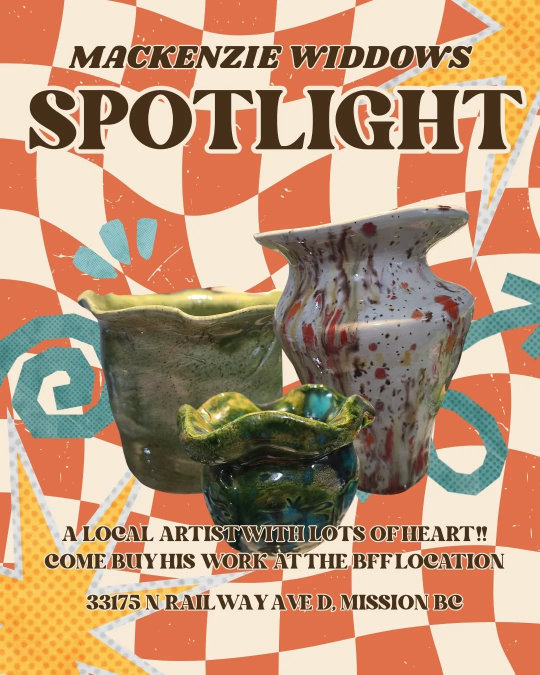 SPOTLIGHT!!
Come check out the fantastic pottery made by our very own Mackenzie Widdows! A local queer artist and workshop leader, he has been making fun art since a child. 

@happyartsummer 

Find his work at the Binary Freedom Foundation Location!!