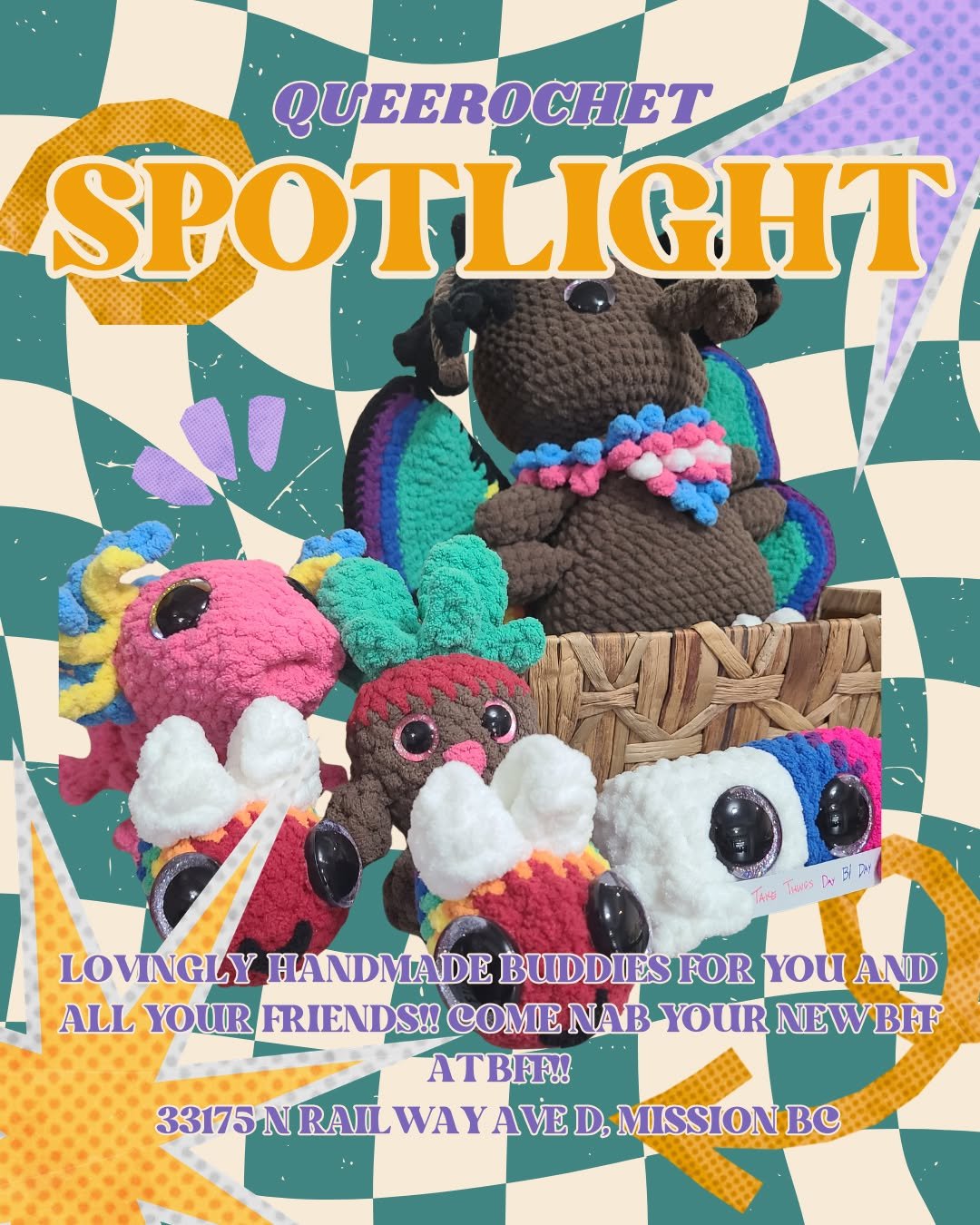 COME CHECK OUT OUR FEATURED ARTIST QUEEROCHET!! 
These lovingly handmade crochet little buddies are made full of love and whimsy- a perfect little guy to befriend!!! Proceeds go to a local and beloved queer artist so come pick them up now!!

33175 N 