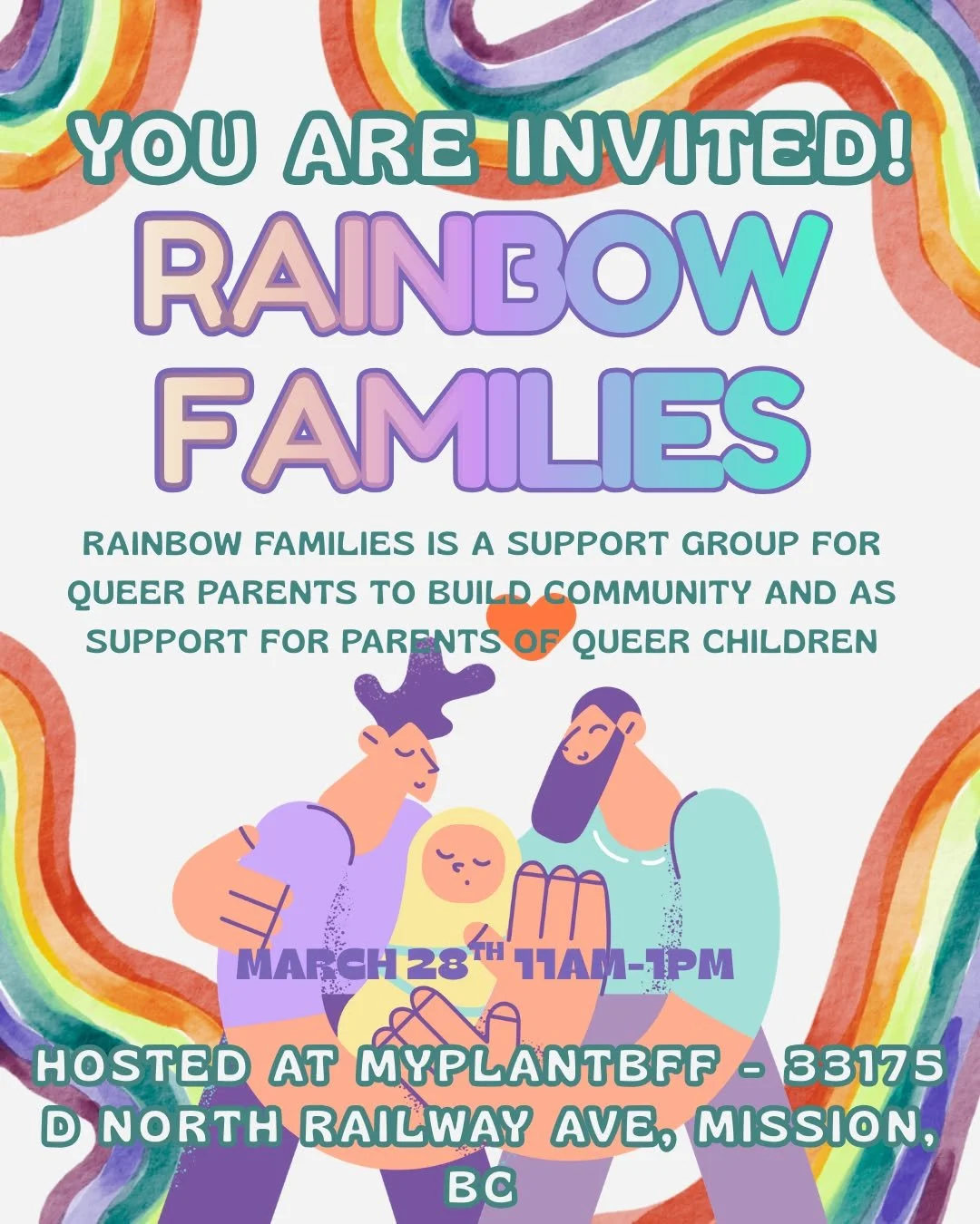 TODAY'S THE DAY!!
For all queer parents and parents of queer kids!! You are invited to the Rainbow Families Support Group!!

Rainbow Families is here for Queer parents to build community and parents of queer children to learn more about our community