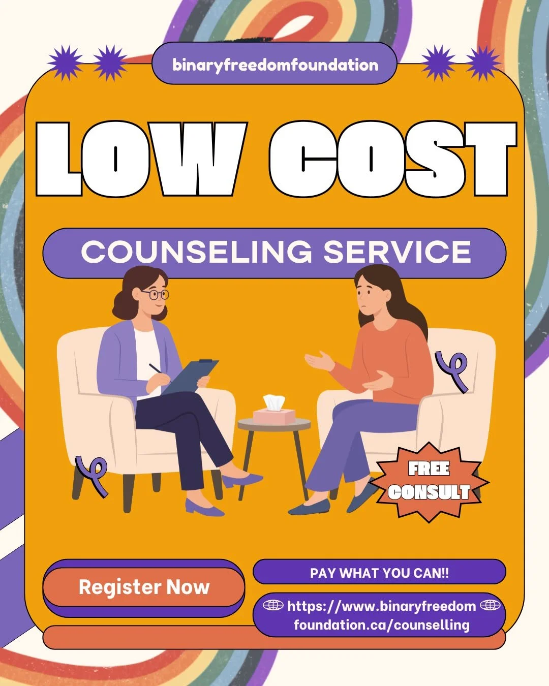 WE OFFER LOW COST COUNSELING SERIVCES!!
At Binary Freedom Foundation, we offer pay what you can counselling sessions offered by a team of allied therapists and counsellors. We offer individual counselling for adults and youth, as well as are developi