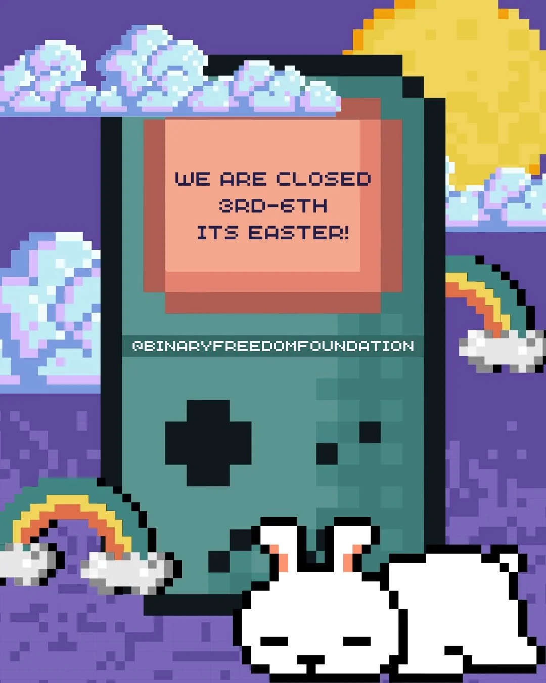 WE ARE CLOSED!! 
From April 3rd to the 6th, the Binary Freedom Foundation location on 33175 N Railway Ave D, Mission BC is closed due to Easter Holidays!

Have a good weekend, spend time with loved ones and eat lots of good food!!

If you have an eme