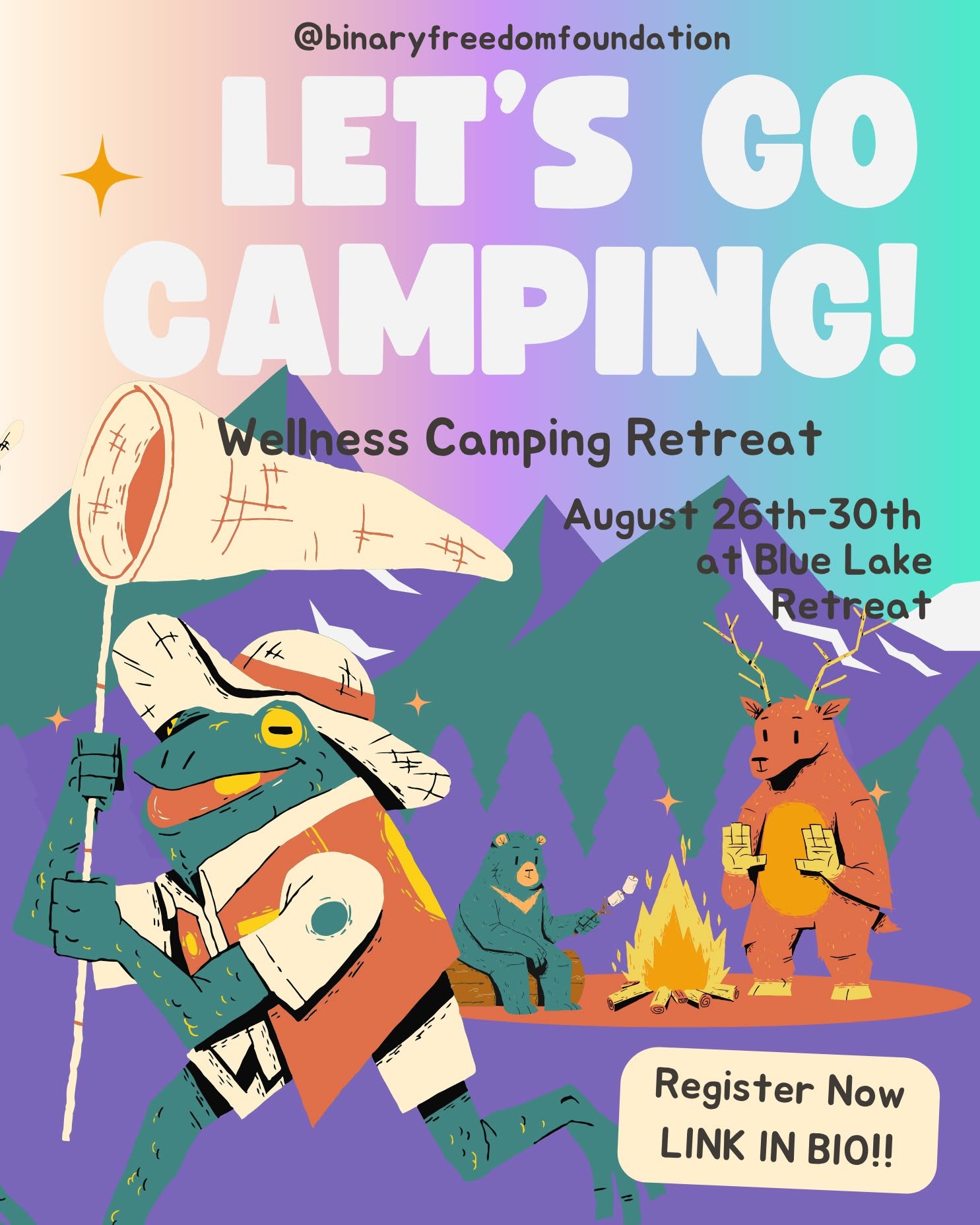 LETS GO CAMPING!!
You are invited to our annual wellness camping retreat at the Blue Lake Resort!! @bluelakeresort 
Four days of fun and healing, with yoga, meditation, workshops and wellness support around the clock, a perfect getaway from the stres