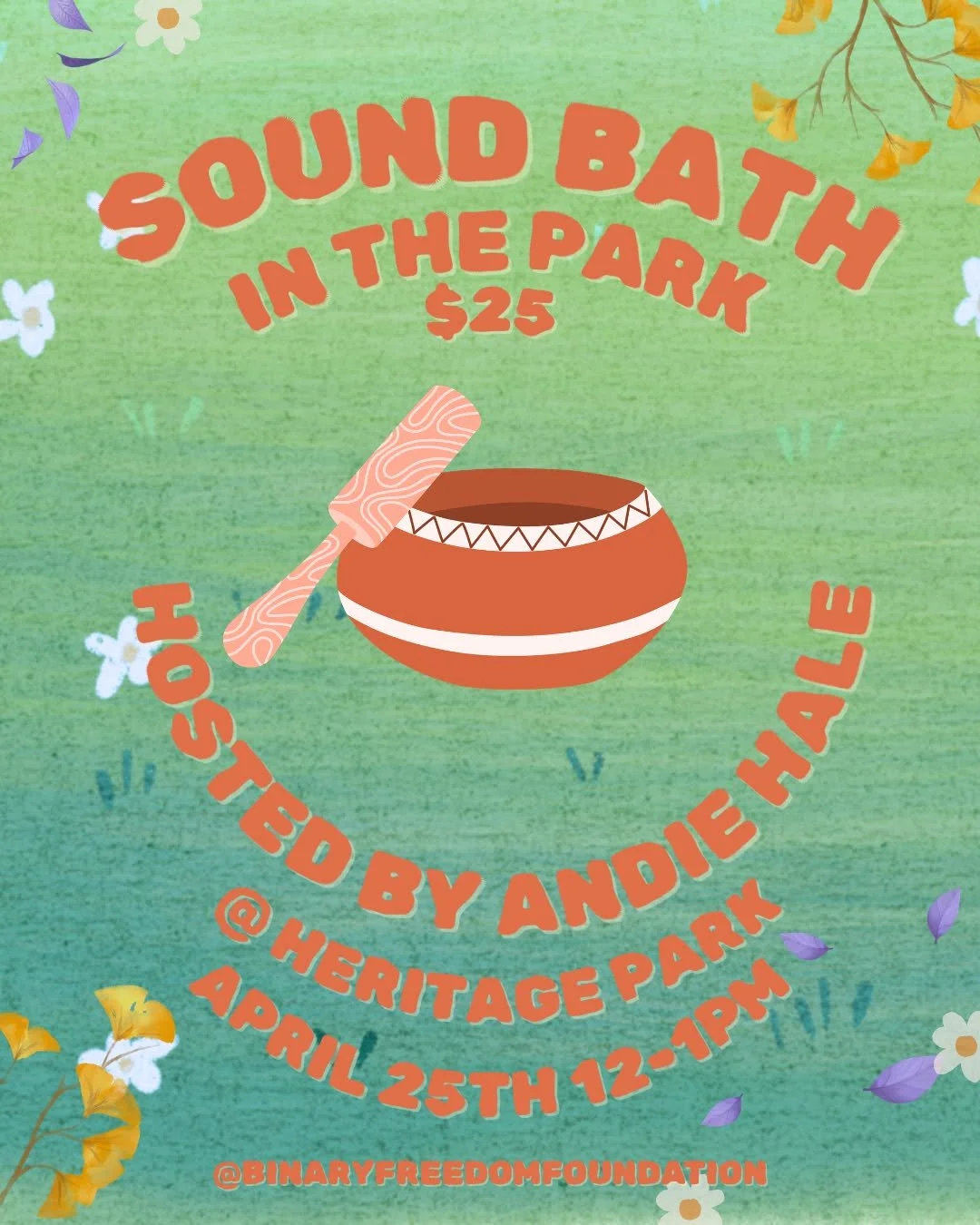 Feeling stressed? Anxious? Need to reconnect with yourself, to nature?
YOU ARE INVITED!!
To a relaxing and healing Sound Bath in the Park hosted by Andie Hale!!

Andie Hale is a professional clinical counselor, sound healer, and a fellow member of th