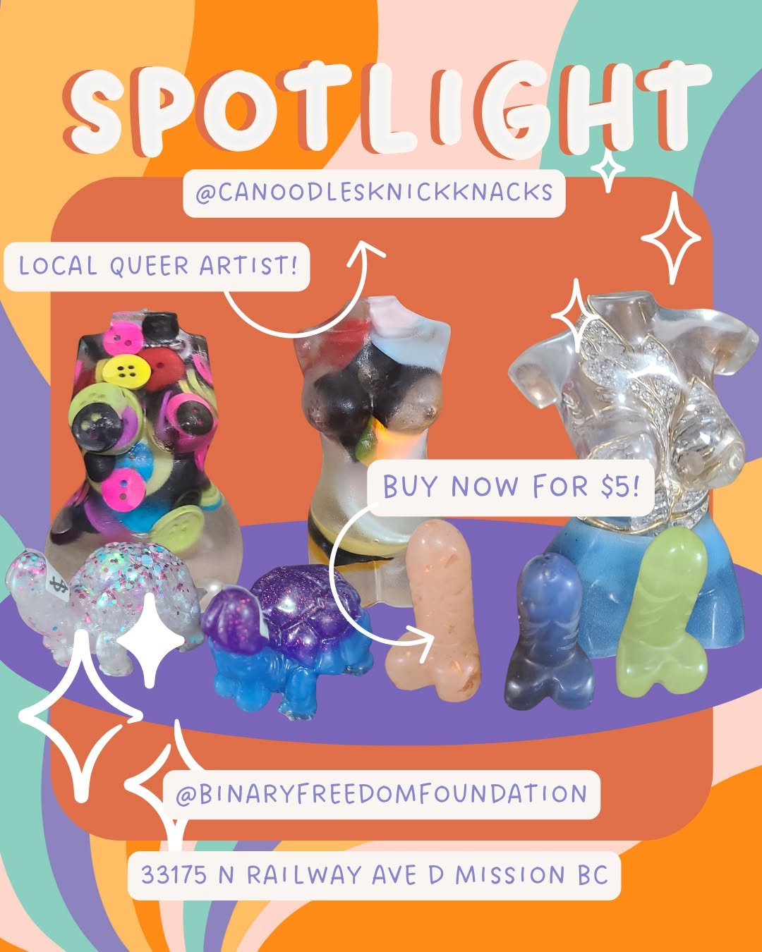 COME ONE COME ALL and get your very own silly little knickknack from @canoodlesknickknacks selection at the Binary Freedom Foundation!!
Full of whimsy, heart and celebration of sexuality, Aleczander, the owner, epoxy specialist, and art teacher, crea