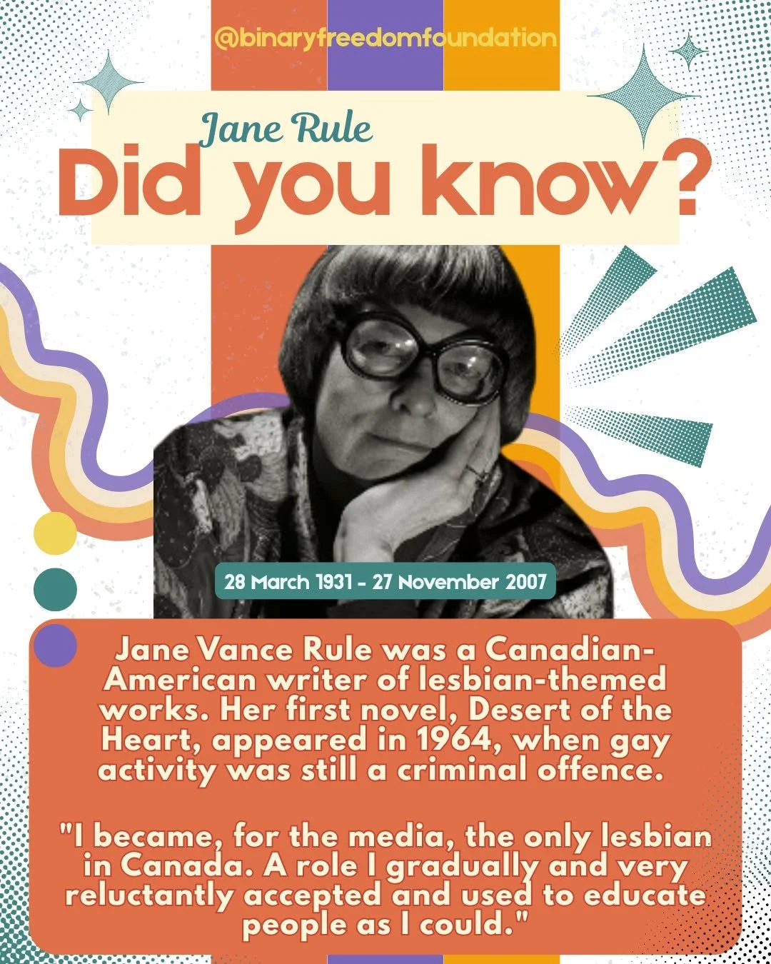 DID YOU KNOW?
Although Rule had finished writing her first novel, Desert of the Heart, in 1961, it was not published until 1964, after 22 rejections from publishers. The book features two women who fall in love, and ends overall-positively for the tw