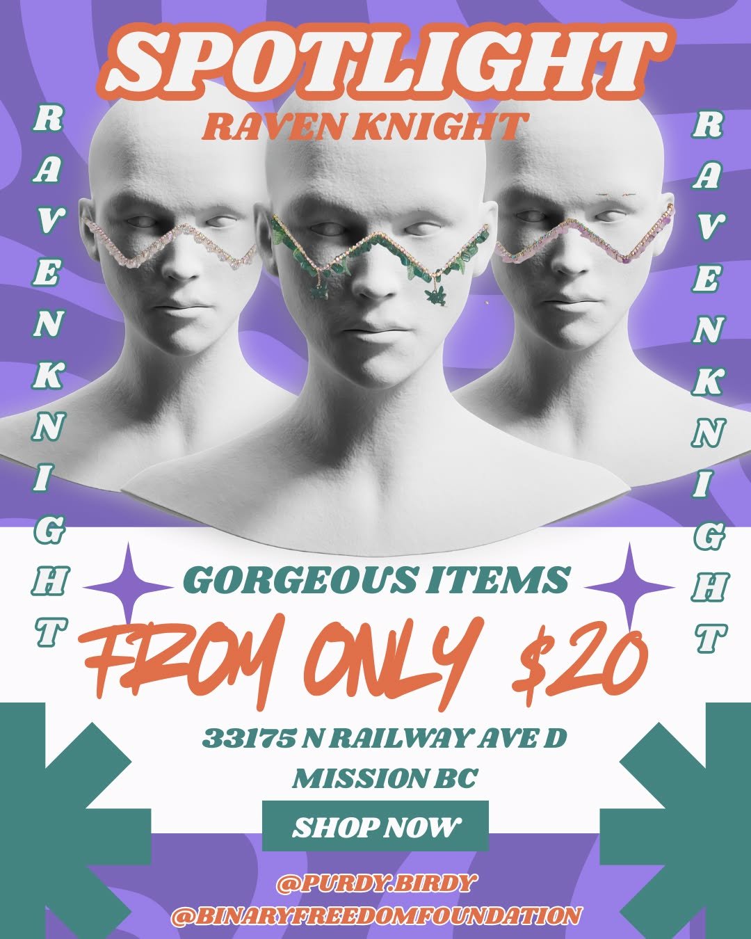 SPOTLIGHT!!
The talented, avant garde and whimsical Raven Knight @purdy.birdy !!
A stunning collection of crystal endowed fashion frames is among the beauty bestowed upon BFF by the wonderful Raven Knight. Coming in shades of pink, green, blue and wh