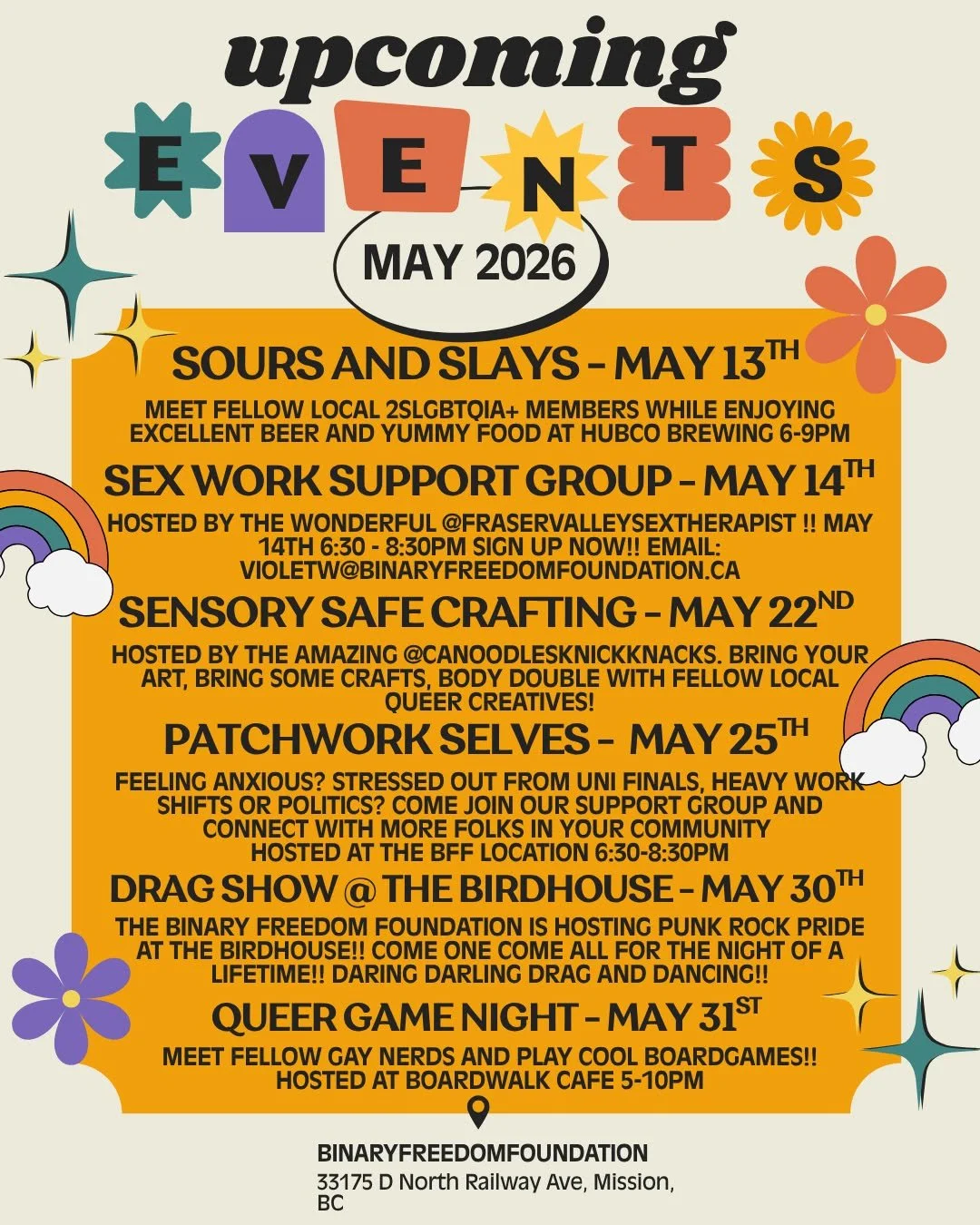 UPCOMING EVENTS!! MAY LOOKS TO BE AN INCREDIBLE MONTH!

Sours and Slays - May 13th 
Meet fellow local 2slgbtqia+ members while enjoying excellent beer and yummy food at @hubcobrewing 6-9pm 33211 N Railway Ave Mission BC

Sex Work Support Group - May 