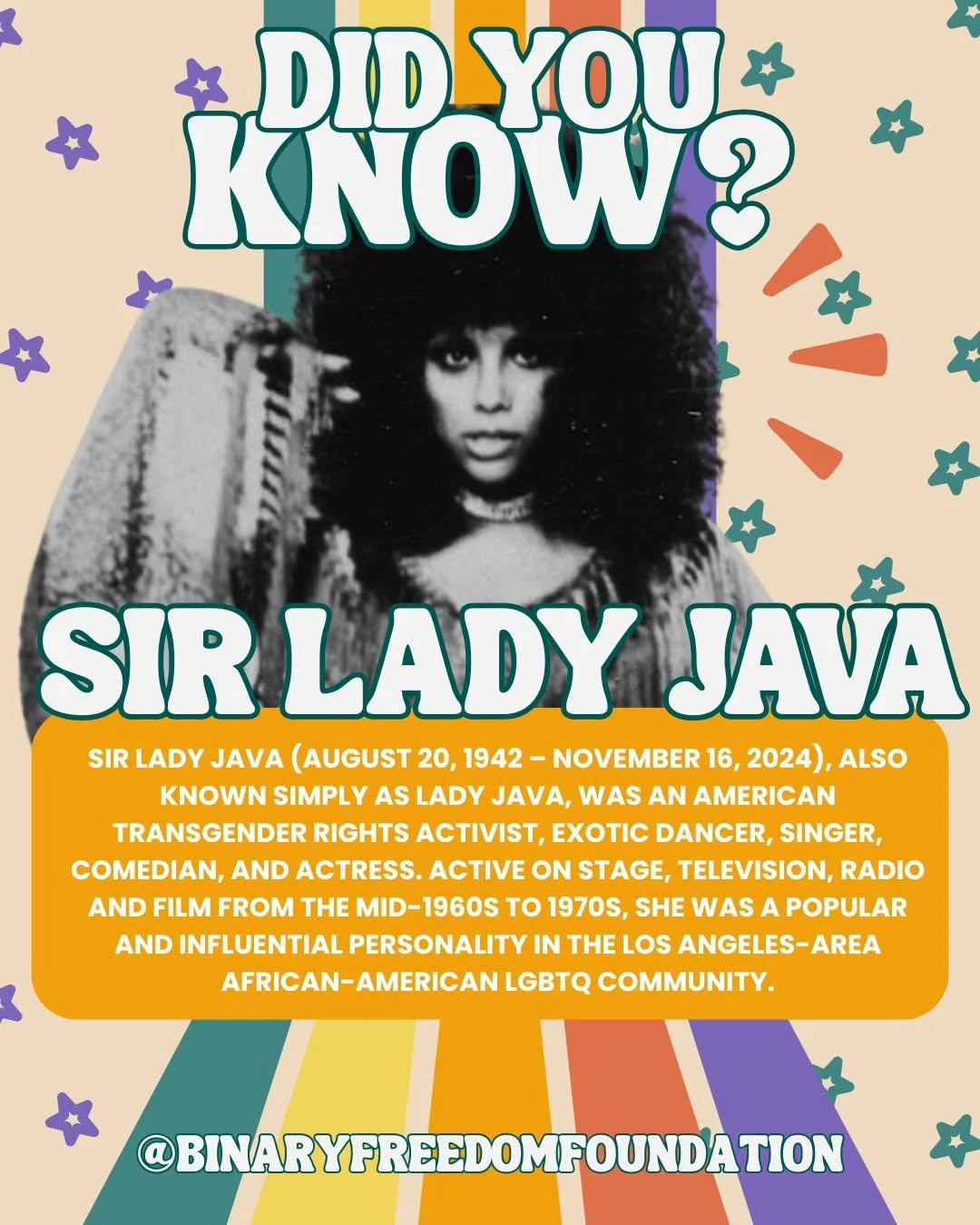 DID YOU KNOW?
Sir Lady Java, also known simply as Lady Java, was an American transgender rights activist, exotic dancer, singer, comedian, and actress. Active on stage, television, radio and film from the mid-1960s to 1970s, she was a popular and inf