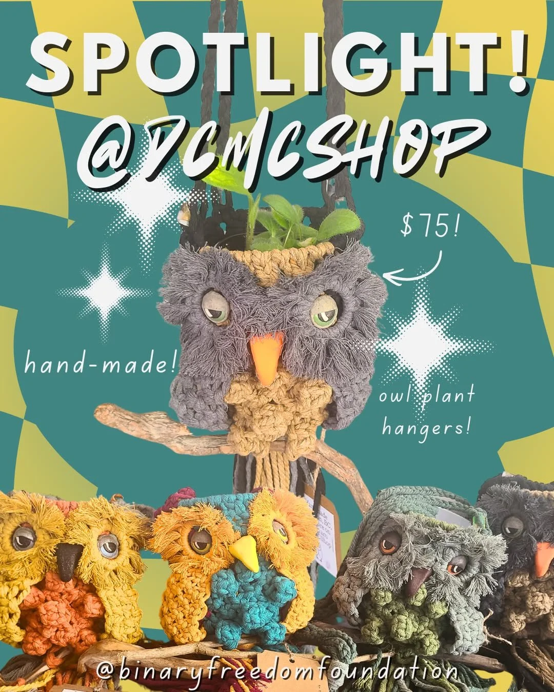 SPOTLIGHT!!
Check out these fantastic hand-made woven owl plant hangers! These genuine works of textile art are made by the one and only @dcmcshop !! Truly masterpieces of both flair, fun and function!
Come check out their wares at 33175 d N Railway 
