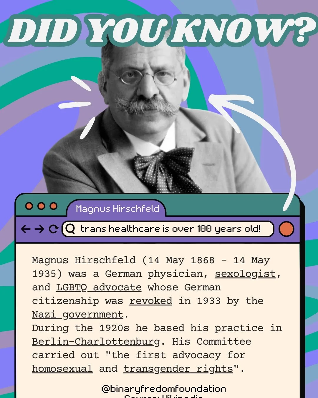 DID YOU KNOW?
Magnus Hirschfeld (14 May 1868 &ndash; 14 May 1935) was a German physician, sexologist, and LGBTQ advocate whose German citizenship was revoked in 1933 by the Nazi government.
During the 1920s he based his practice in Berlin-Charlottenb