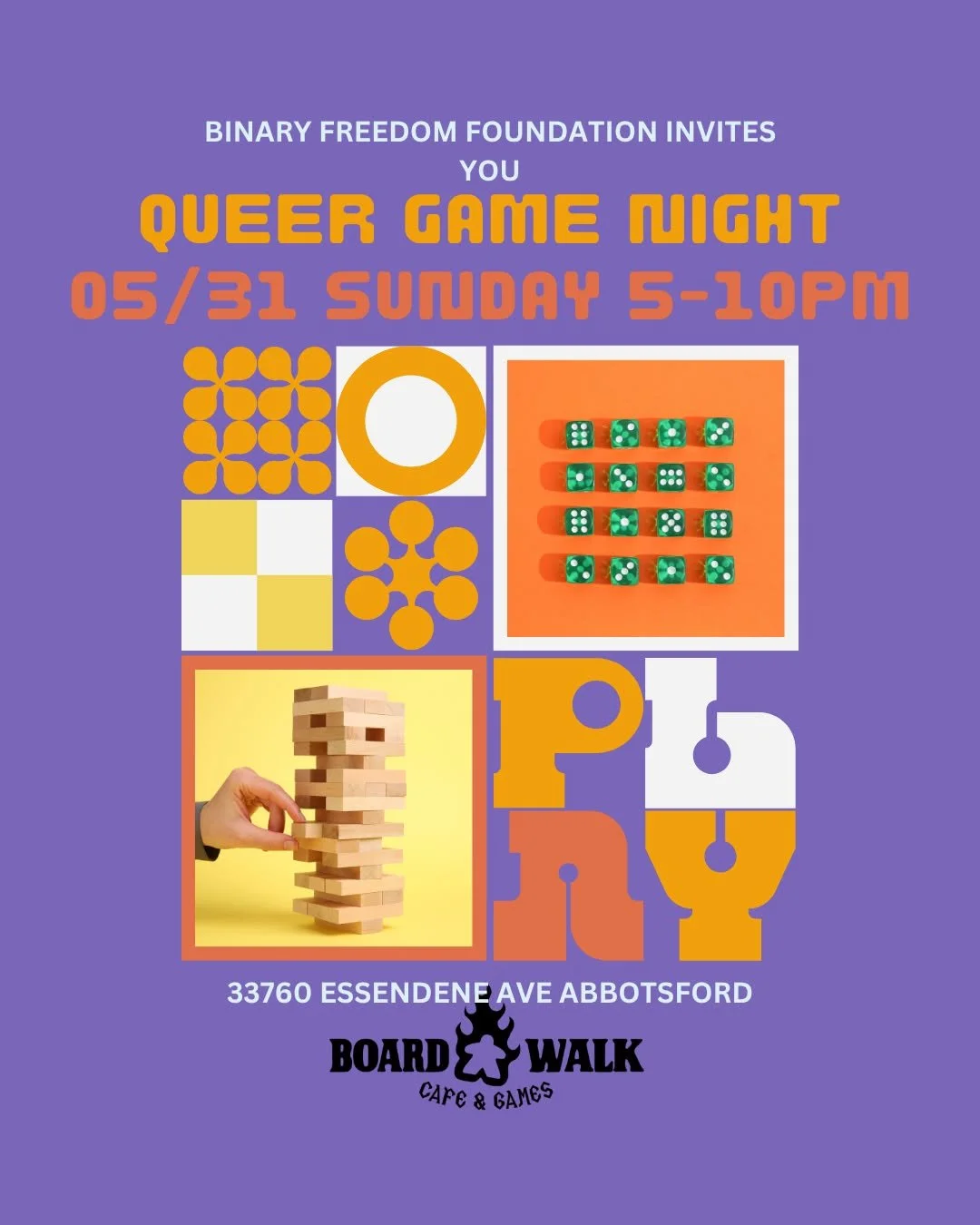 JOIN US AT THE AMAZING @boardwalkcafegames FOR FUN AND WHIMSY SUNDAY THE 31ST OF MAY AT 5-10PM!!!

Meet fellow gay nerds and play some cool games!!

#abbotsford #binaryfreedomfoundation #abbotsfordpride #downtownabbotsford #downtownabbotsfordbusiness