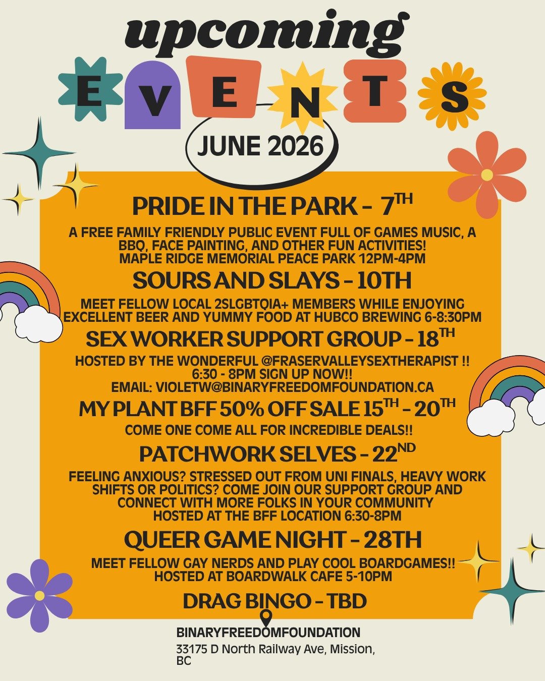June Events by BFF! Join us and our Queer Community for another month of fun and support.

#queerevents #pridemonth #pride
#safespace #queerspace #2slgbtqia+ #lgbt