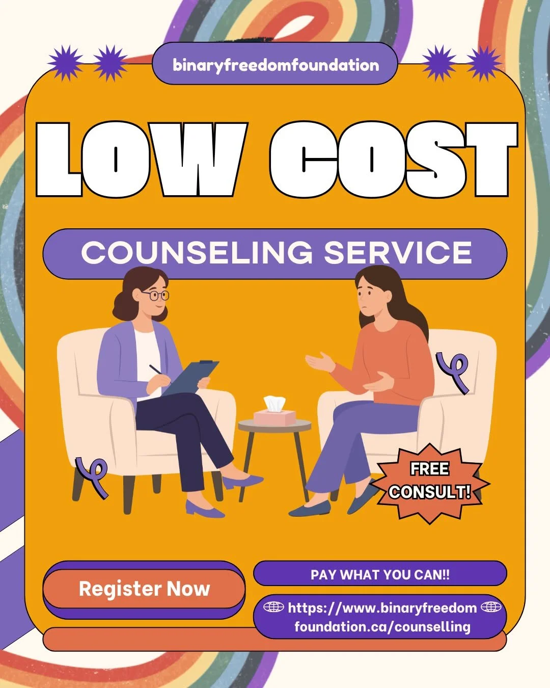 WE OFFER LOW COST COUNSELING SERIVCES!!
At Binary Freedom Foundation, we offer pay what you can counselling sessions offered by a team of allied therapists and counsellors. We offer individual counselling for adults and youth, as well as are developi