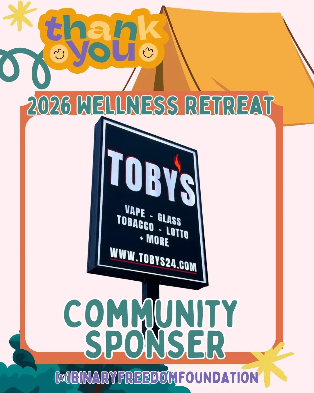 Big love to @tobystobaccoandvape for supporting our Queer Wellness Retreat!

We're always excited to partner with local businesses that believe in building stronger, more inclusive communities. Your sponsorship helps us create a space where 2SLGBTQIA