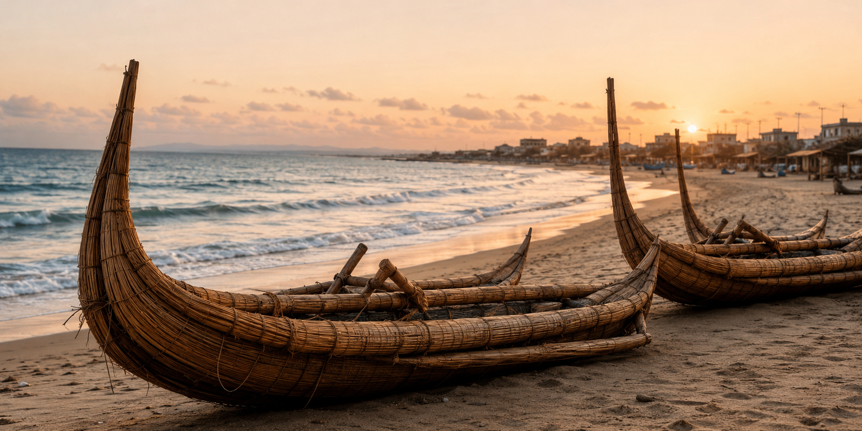 Two traditional bamboo boats on a sandy beach at sunset, with small waves and a distant town in the background.