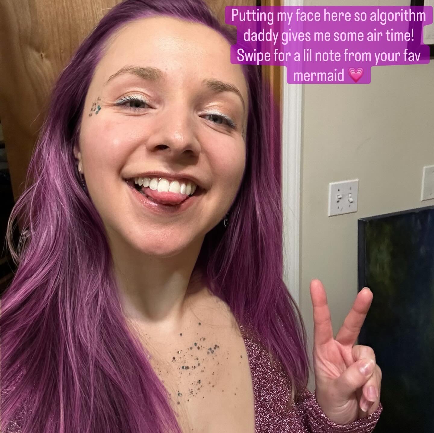 Putting my face here so algorithm daddy gives me some air time! Swipe for a lil note from your fav mermaid 💗

Also&hellip;my hair isn&rsquo;t actually purple, this was just something from one of those apps. But&hellip;I kinda like it, what do you th