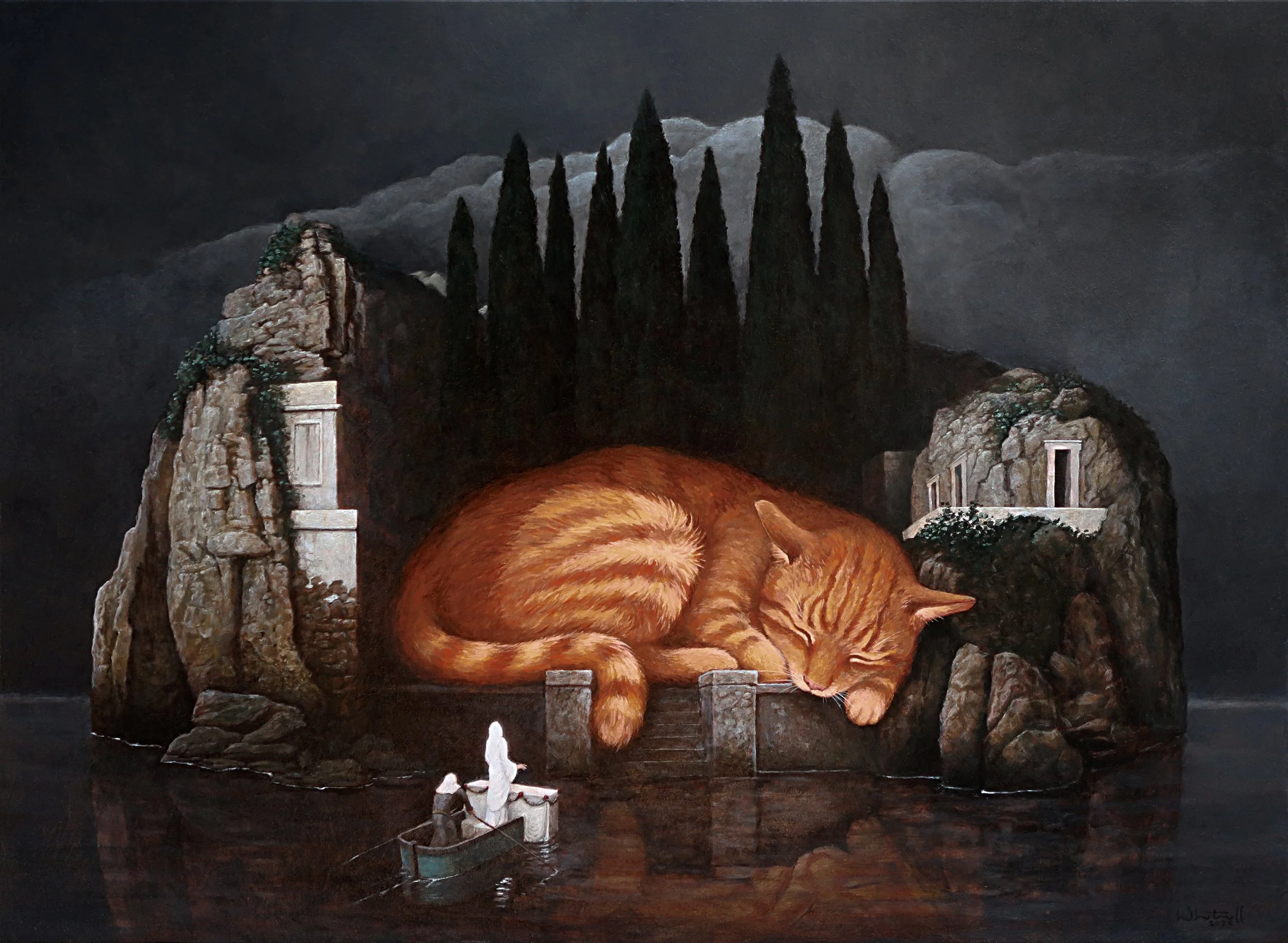 Böcklin's Isle of the Dead but with a Sleeping Cat