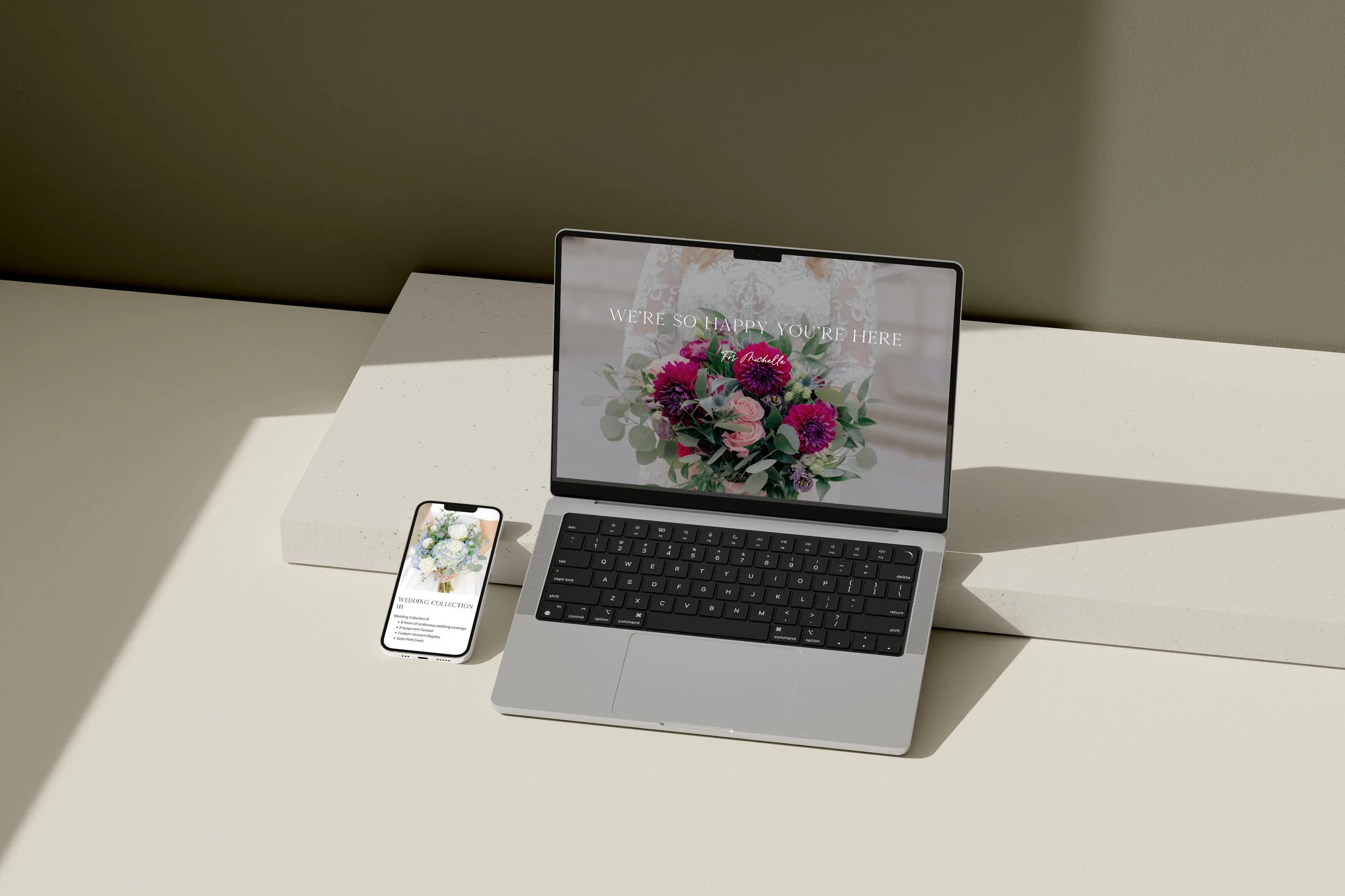 Laptop and mobile website mockup displaying a floral business Squarespace website on a neutral background