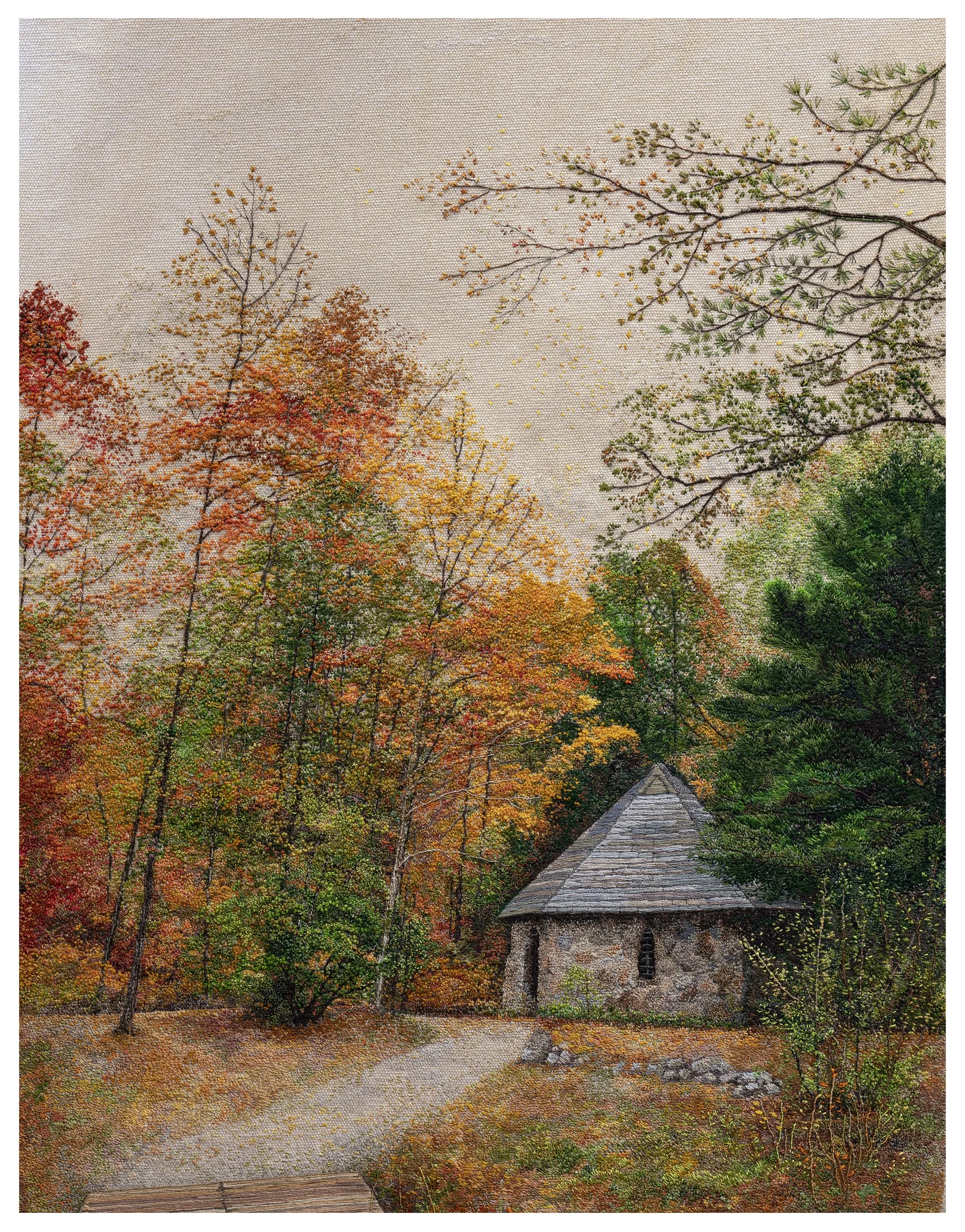 Old park autumn season small old stone house fall colors yellow red orange green