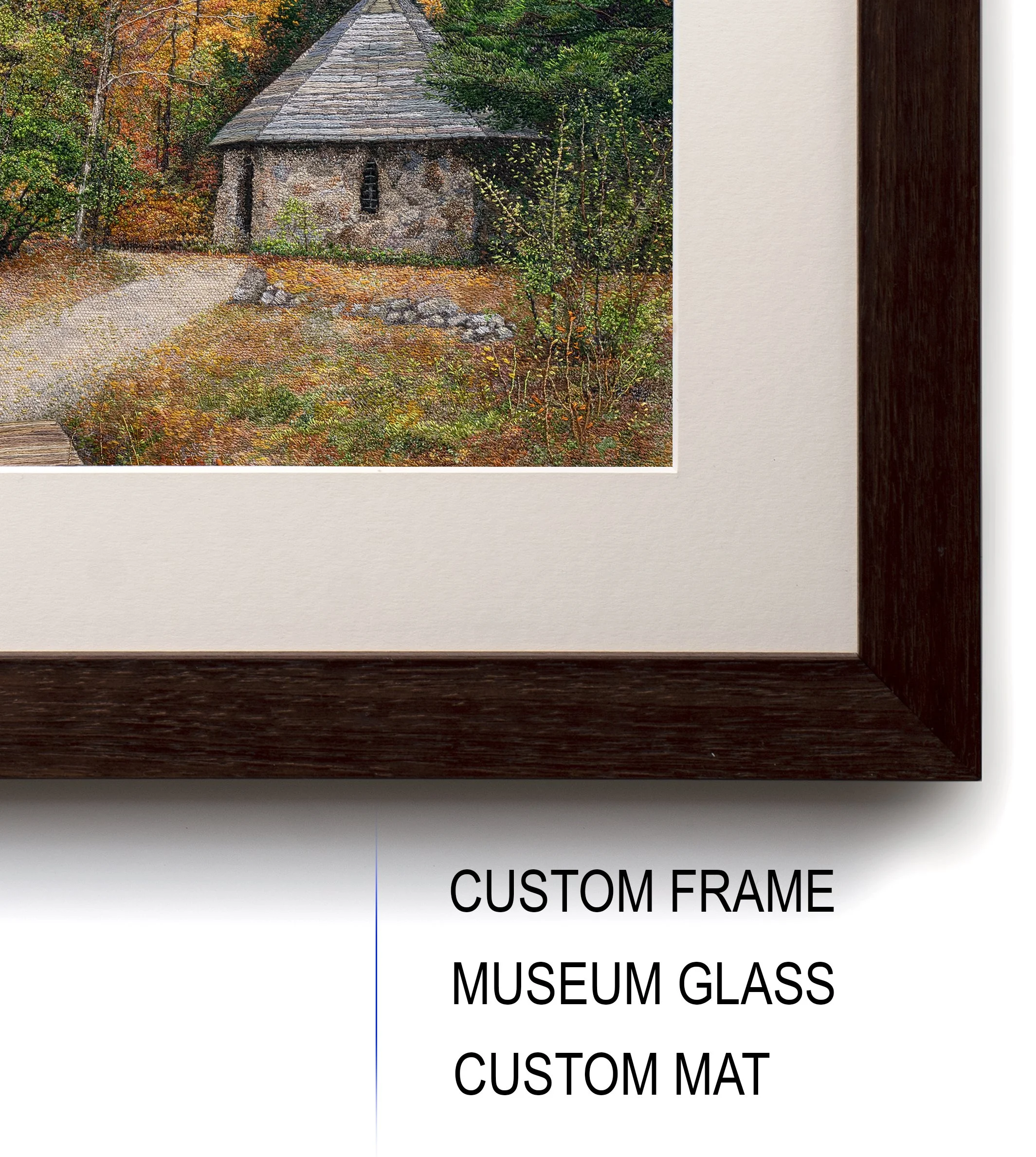 Old park autumn season small old stone house fall colors yellow red orange green