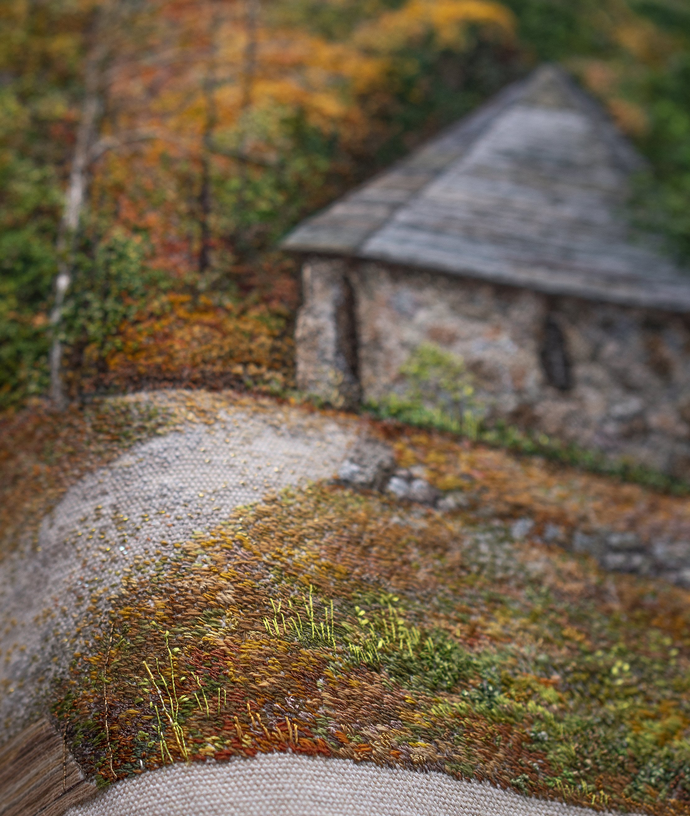 Old park autumn season small old stone house fall colors yellow red orange green