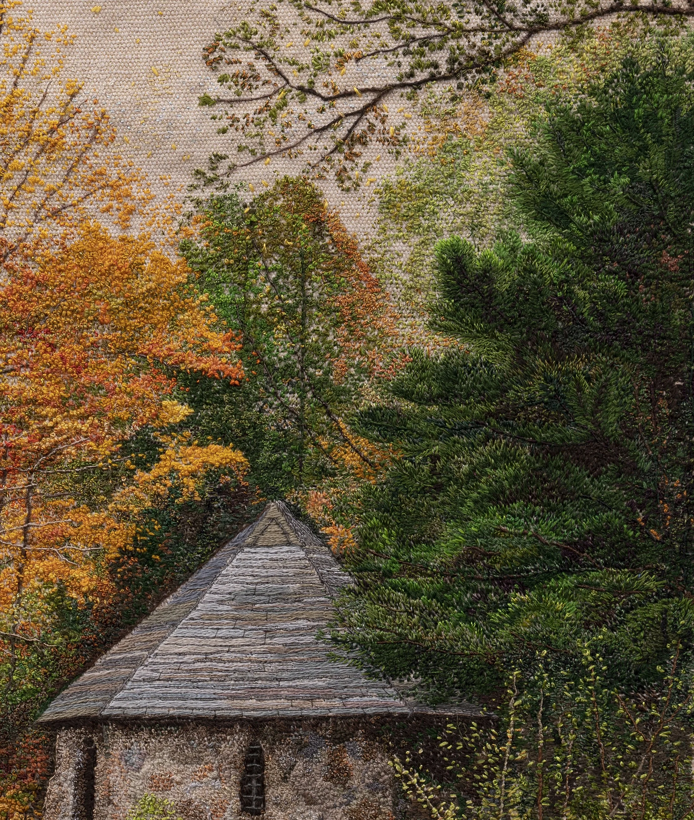 Old park autumn season small old stone house fall colors yellow red orange green