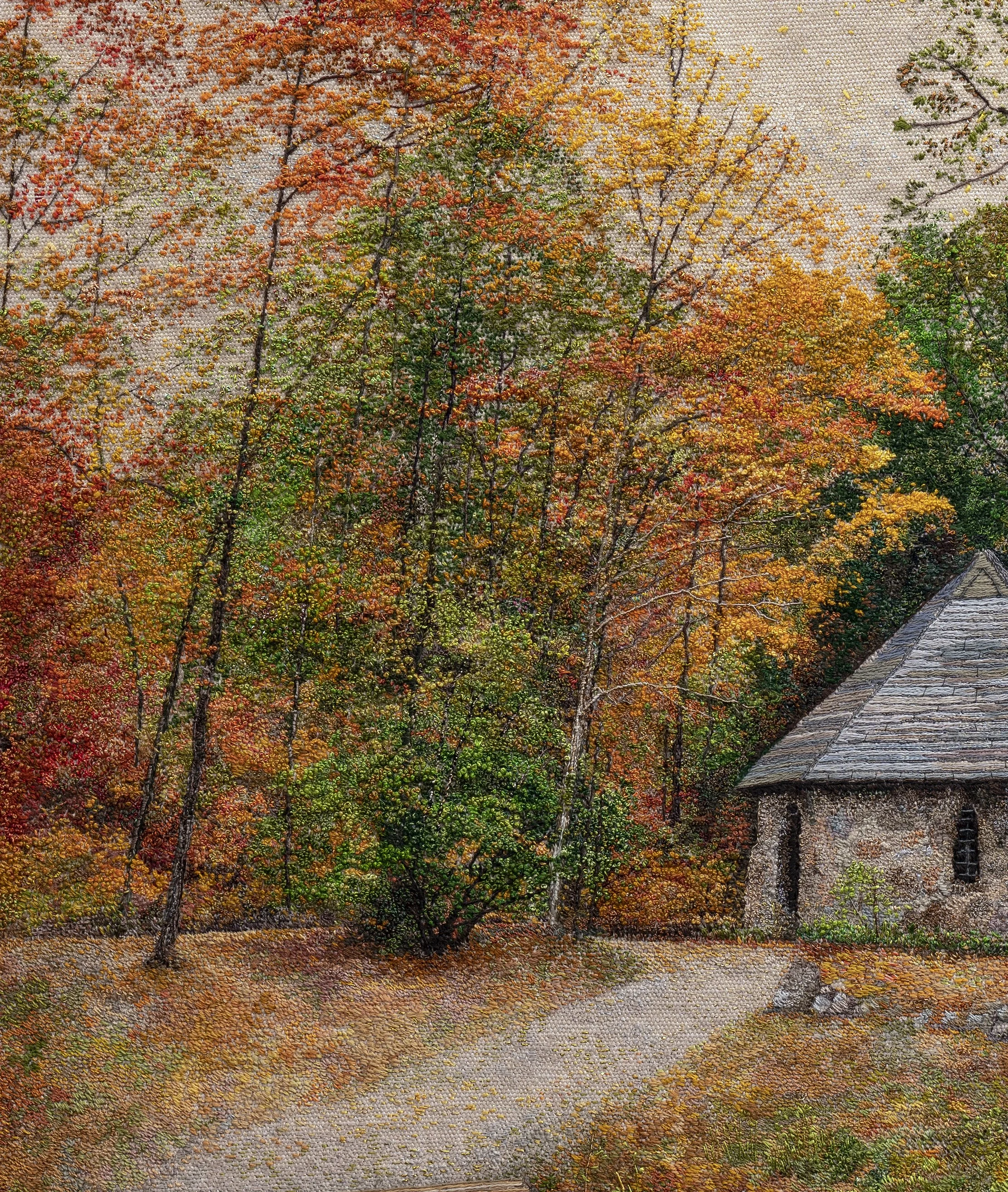 Old park autumn season small old stone house fall colors yellow red orange green