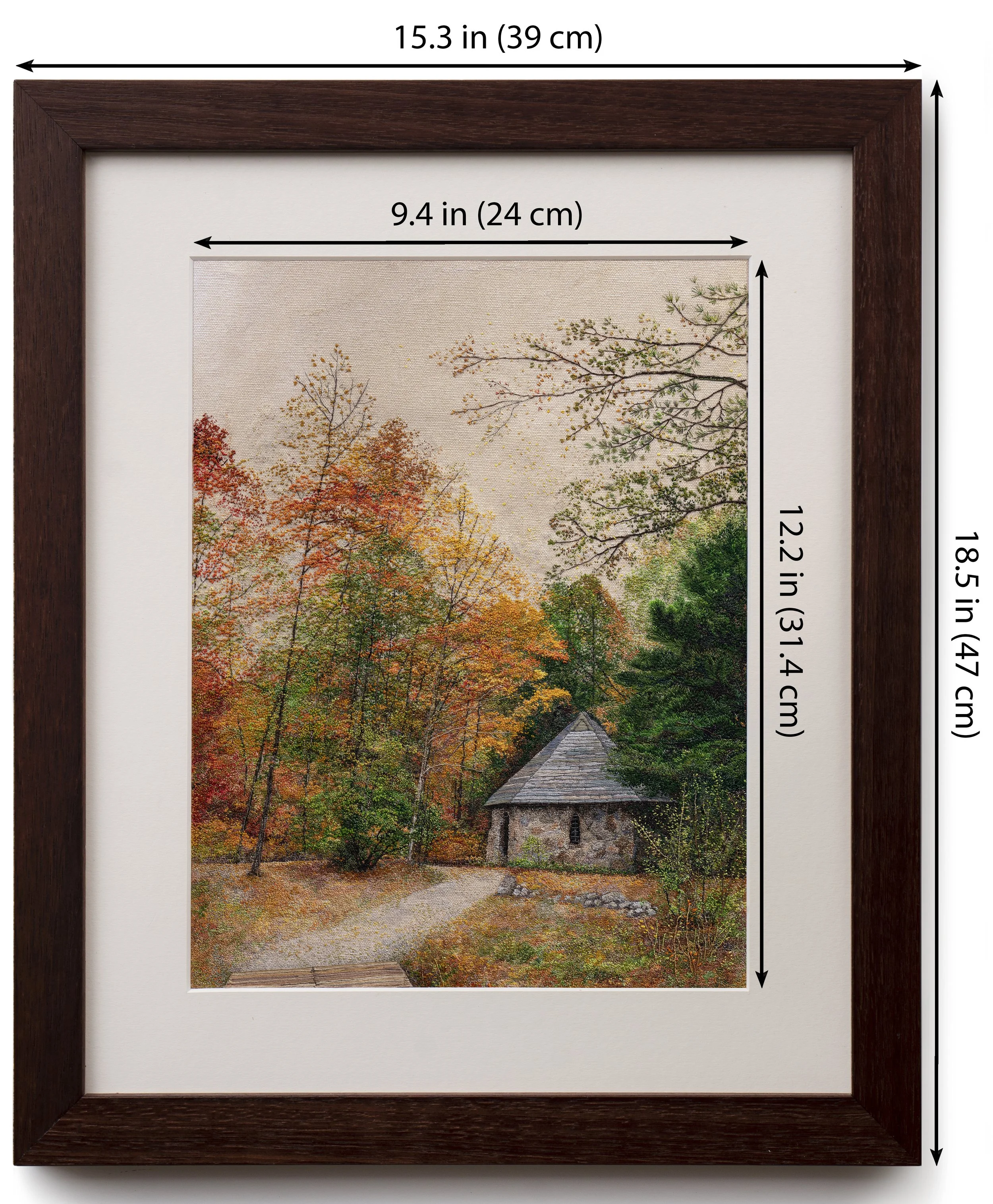 Old park autumn season small old stone house fall colors yellow red orange green gray sizes