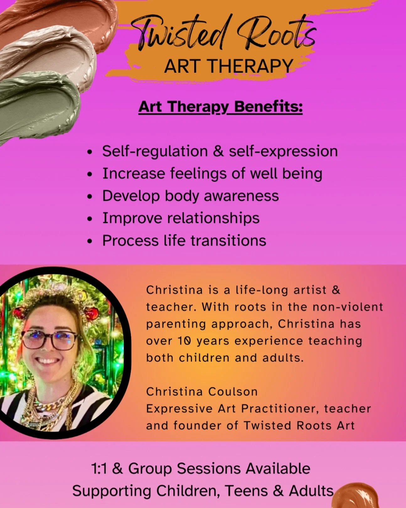 A promotional flyer for Twisted Roots Art Therapy featuring benefits of art therapy, a portrait of Christina Coulson, and information about sessions available for children, teens, and adults.