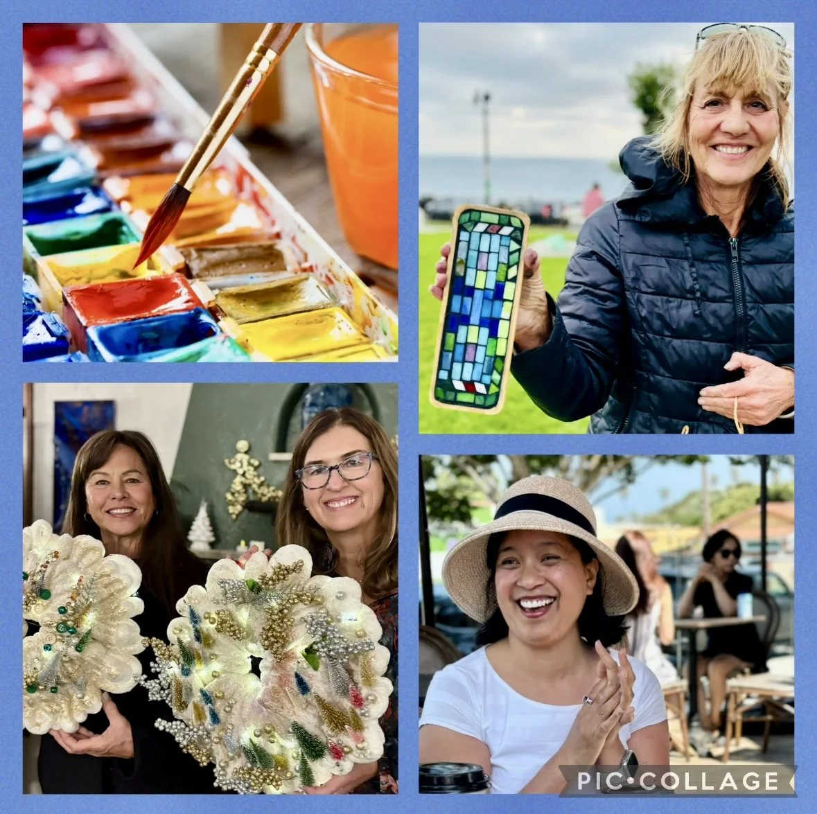 Collage of four women engaging in creative activities and socializing outdoors. Top left depicts watercolor paints and a paintbrush. Top right shows a woman holding a device with a stained glass window design. Bottom left features two women holding d