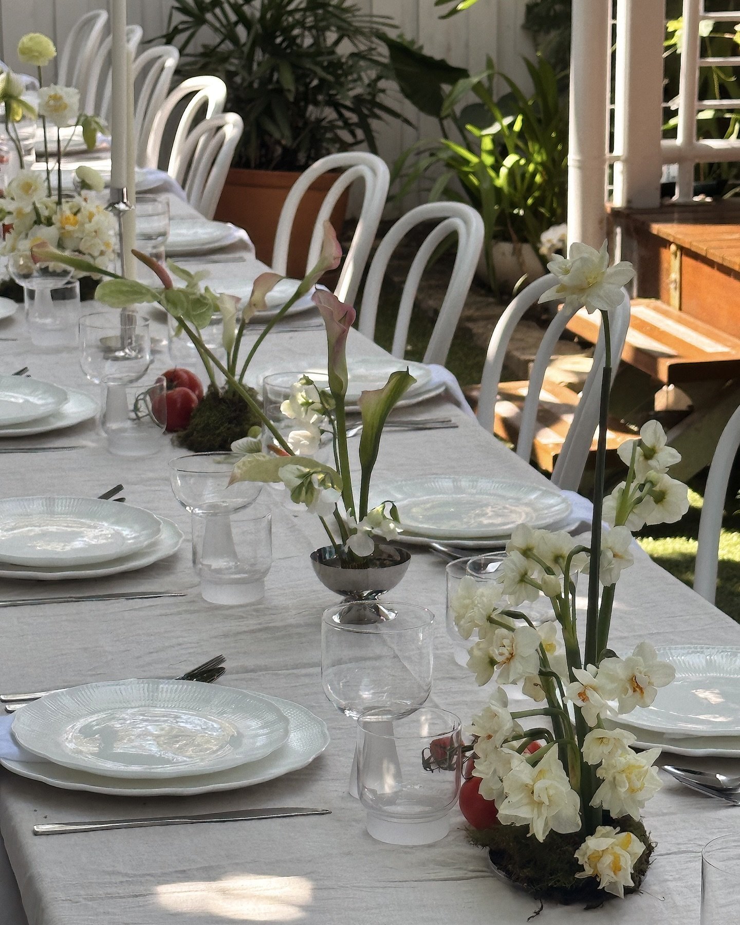 In the midst of peak wedding season, we snuck in a long lunch at home for my 30th birthday surrounded by a special group of friends &amp; family 🤍 Simplistic flowers &amp; styling by me.
.
.
.
Furniture Hire @theonedayhouse
Table wear @tableforlouis
