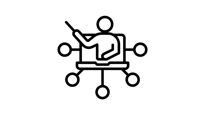 Line drawing of a person sitting at a desk with a computer, holding a pencil or pointing stick, surrounded by six nodes connected to a central circle.