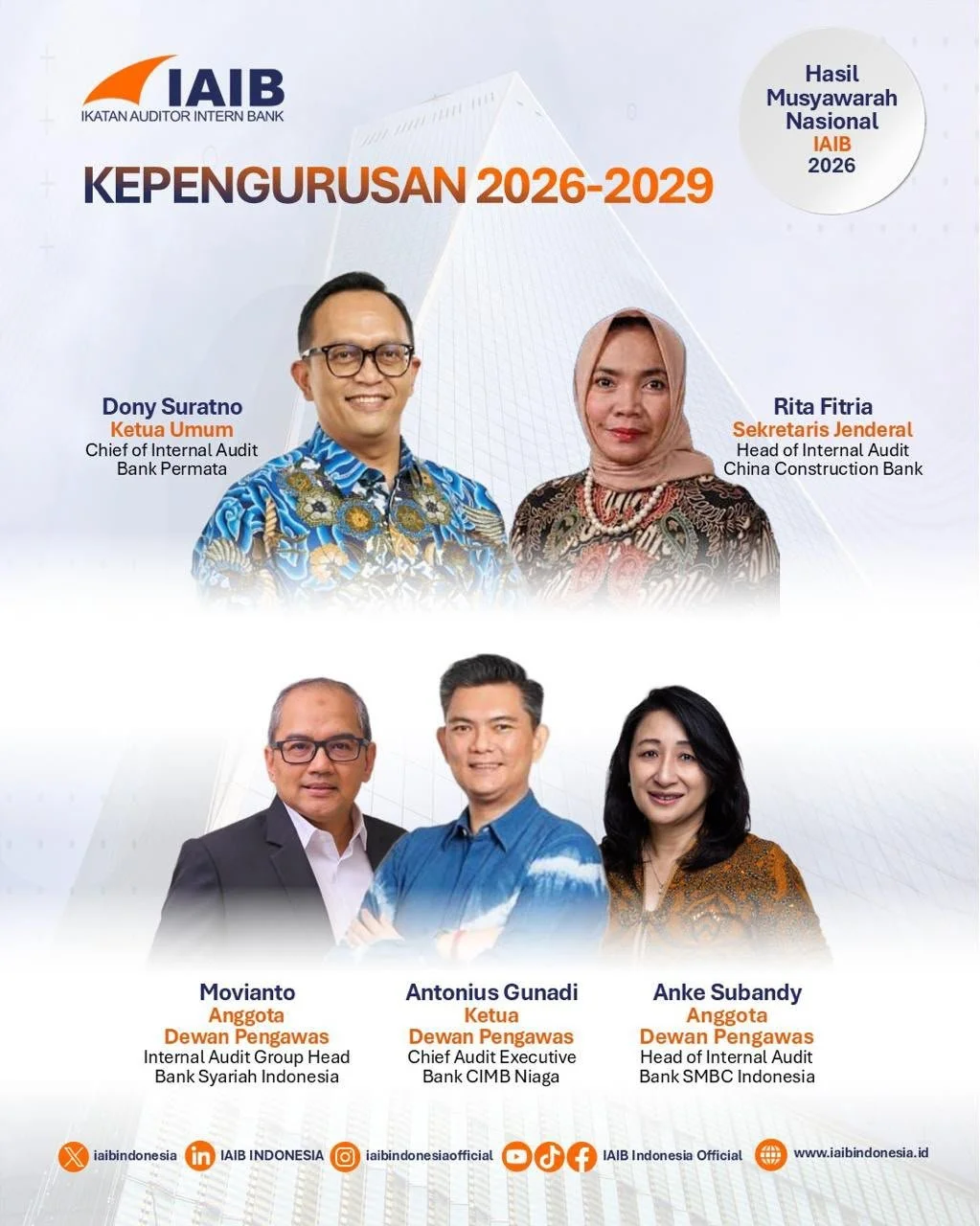 Terima kasih atas kontribusi dan arahan segenap Pengurus dan Dewan Pengawas IAIB 2023-2026 dan selamat atas terpilihnya Dewan Pengurus dan Dewan Pengawas IAIB 2026-2029