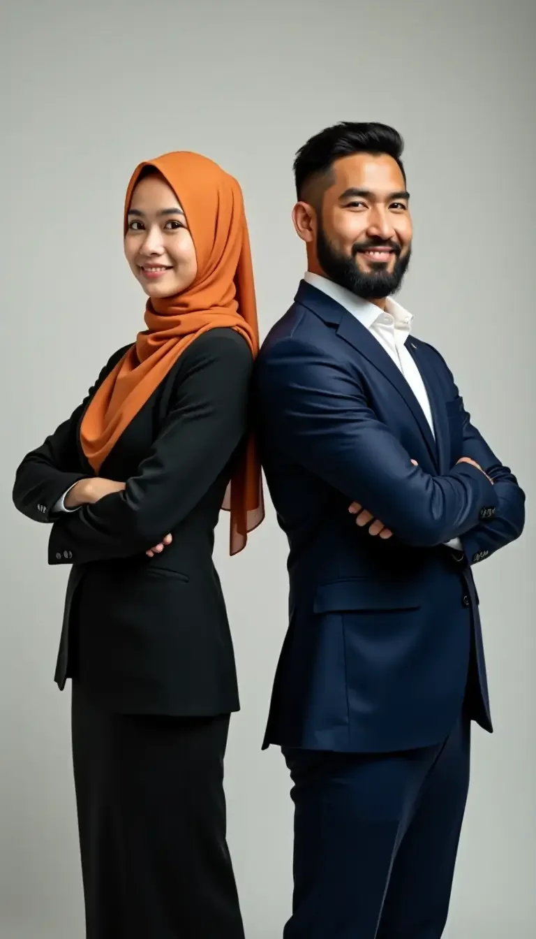 Pengembangan Audit Bank Syariah – Image of a male and a female professional with an orange hijab, symbolizing competent Syariah Bank Auditor development