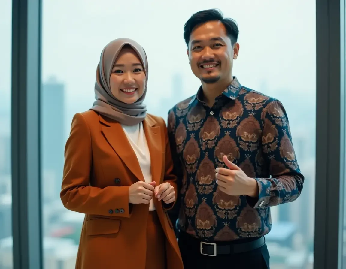 A smiling woman wearing a hijab and a brown blazer stands next to a smiling man in a patterned shirt, both in an office with a cityscape view through large windows, representing invitation to join the Ikatan Auditor Intern Bank (IAIB) Indonesia