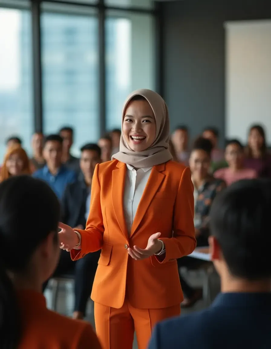 Edukasi & Pelatihan – Image showing an orange-suited professional conducting an educational training program for developing skilled auditors.