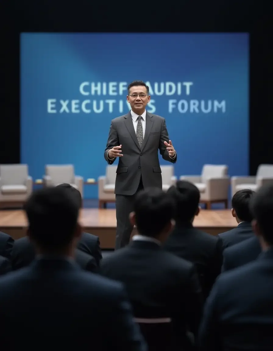 Sertifikasi & Etika – Image of a professional leading a standard certification and ethics training session for developing professional auditors.