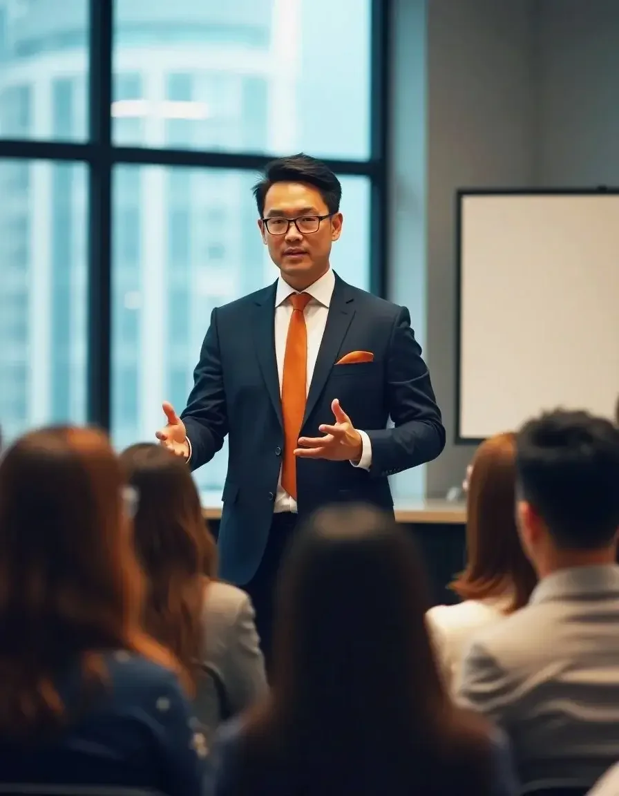 Riset & Pengembangan – Image of a presenter at a collaborative quality audit forum, representing research and development for professional standards