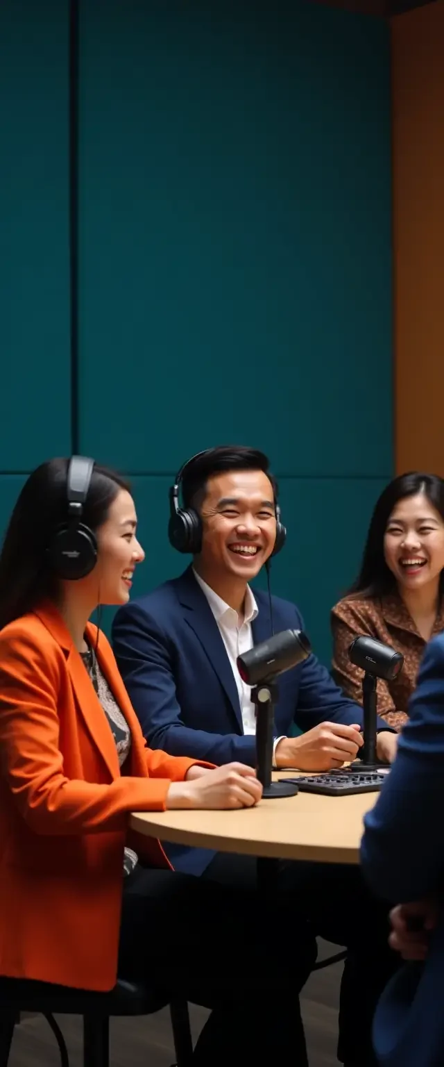 Komunikasi – Image showing professionals in a podcast or recording setting, representing active communication through informative and educational content