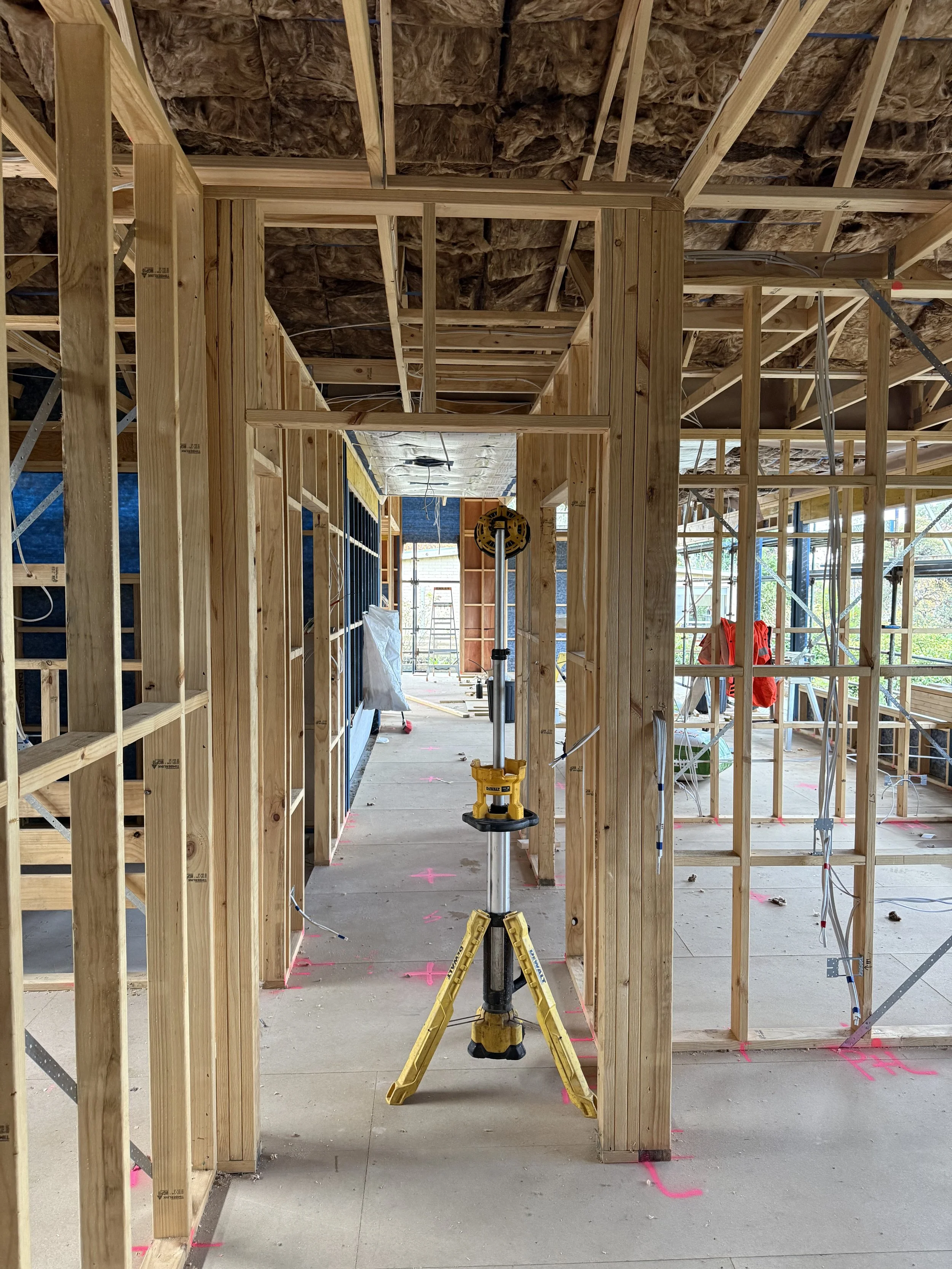 Banyula Butterfly. Photo of Hallway timber framing by passive house architect Michael Loubser from LOUBSER WORKSHOP