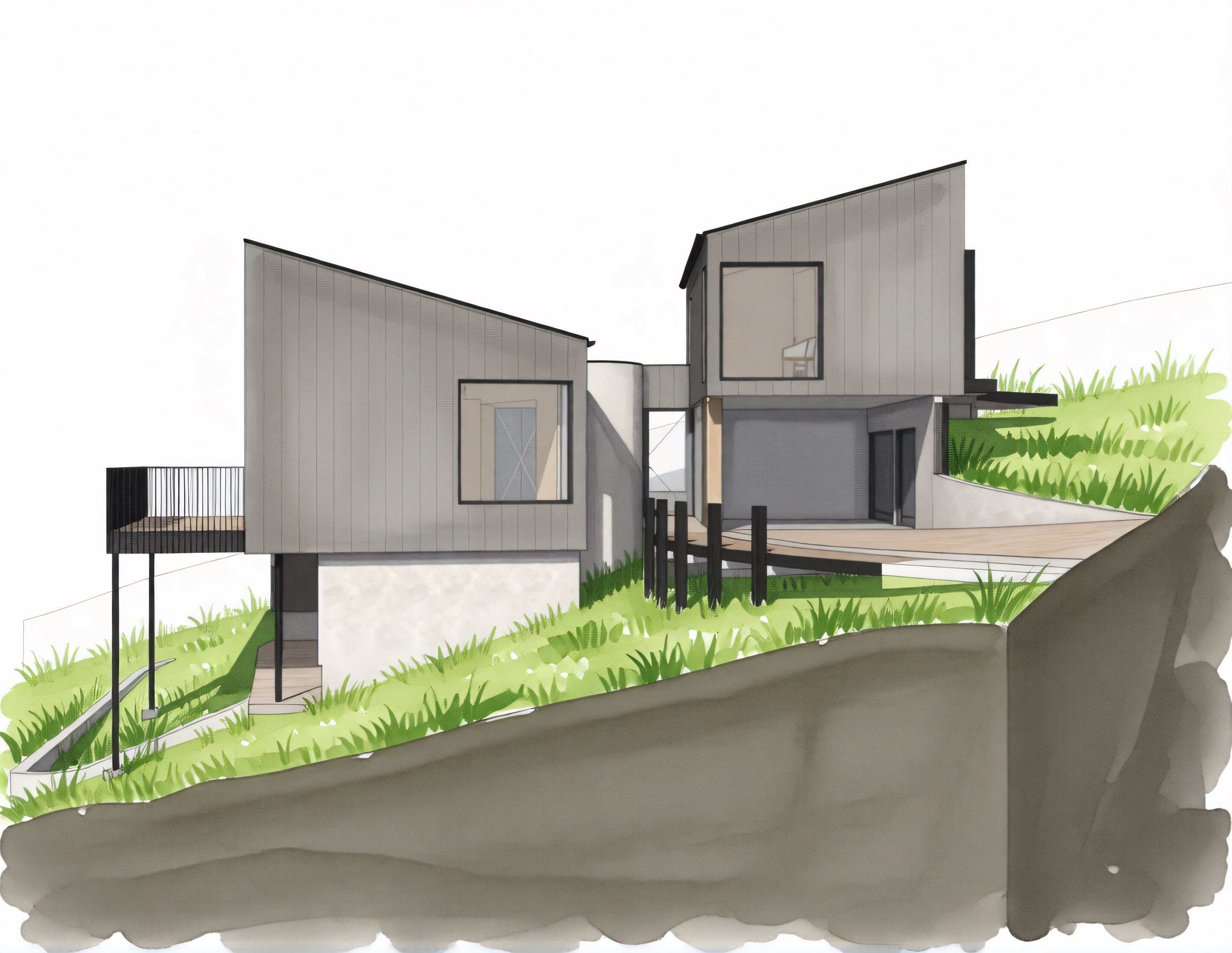 Hobart Hills CLT House. Watercolour sketch by architect Michael Loubser from Loubser Workshop