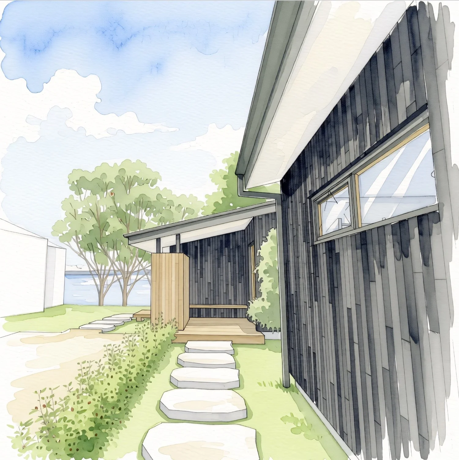 Entry walkway. mid century modern high performance home Cemintel Territory cladding passive house architect Launceston Tasmania by Loubser Workshop