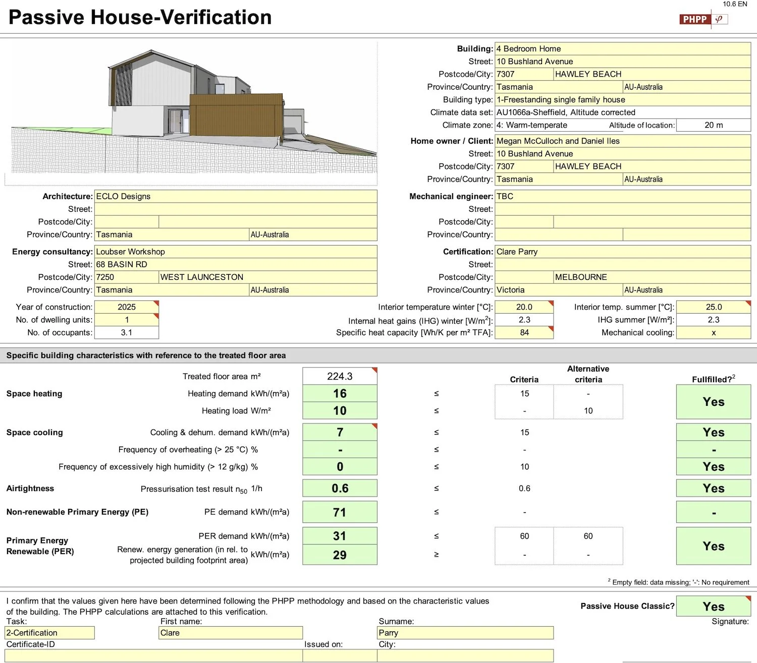 Ocean View Passivhaus. PHPP verification sheet