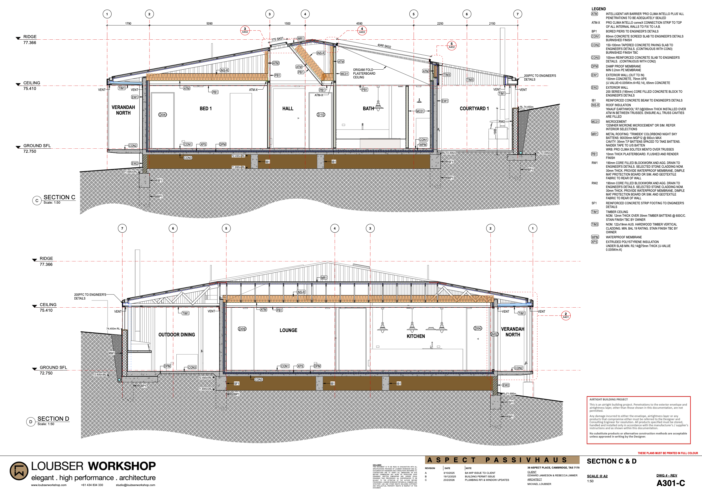 Aspect Passivhaus. Section architectural drawings by architect Michael Loubser from Loubser Workshop