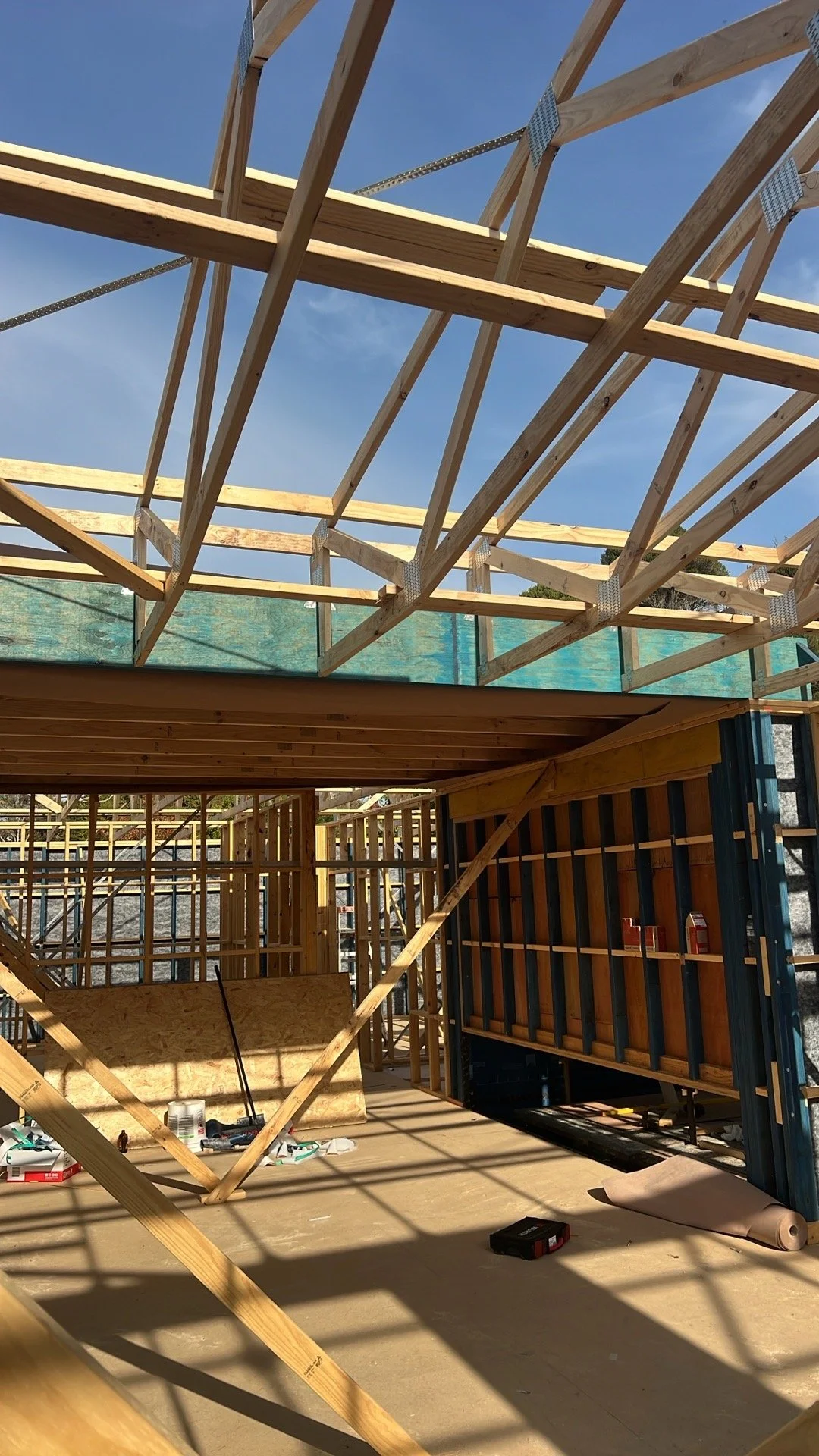 Banyula Butterfly. Photo of roof trusses by Zanetto Builders for passive house architect Michael Loubser from LOUBSER WORKSHOP